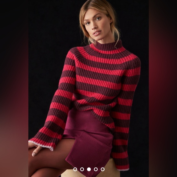 Maeve by Anthropologie Striped Wool Blend Turtleneck Sweater Bell Sleeves Size L - Picture 10 of 10